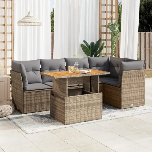 Conjunto de Sofás p/ Jardim com Almofadões Vime PE Bege (6 pcs)