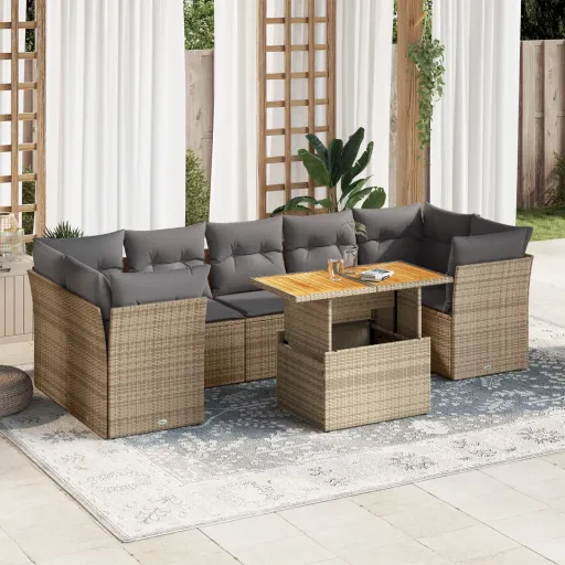 Conjunto de Sofás p/ Jardim com Almofadões Vime PE Bege (8 pcs)