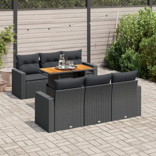 Conjunto de Sofás p/ Jardim c/ Almofadões Vime PE Preto (7 pcs)