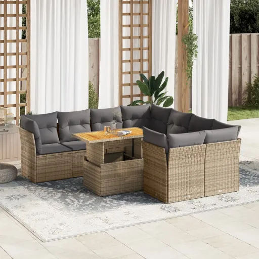 Conjunto de Sofás p/ Jardim com Almofadões Vime PE Bege (9 pcs)