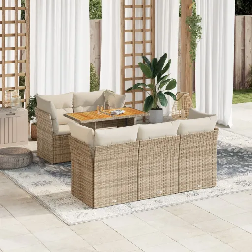 Conjunto de Sofás p/ Jardim com Almofadões Vime PE Bege (6 pcs)