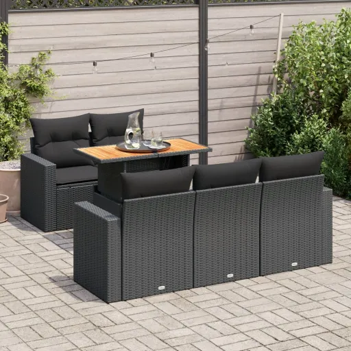 Conjunto Sofás de Jardim c/ Almofadões Vime PE Preto (6 pcs)