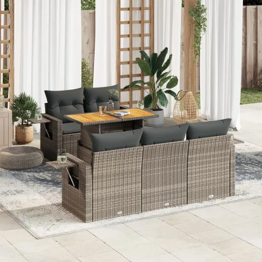 Conjunto Sofás de Jardim com Almofadões Vime Cinzento (6 pcs)