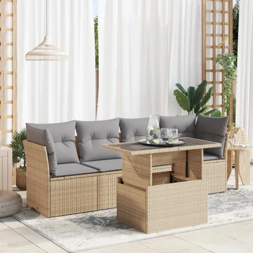 Conjunto de Sofás p/ Jardim com Almofadões Vime PE Bege (5 pcs)