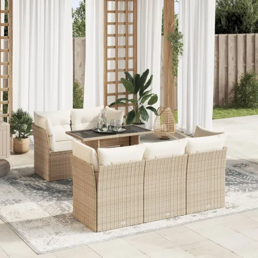 Conjunto de Sofás p/ Jardim com Almofadões Vime PE Bege (6 pcs)