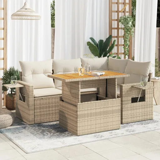 Conjunto de Sofás p/ Jardim com Almofadões Vime PE Bege (5 pcs)