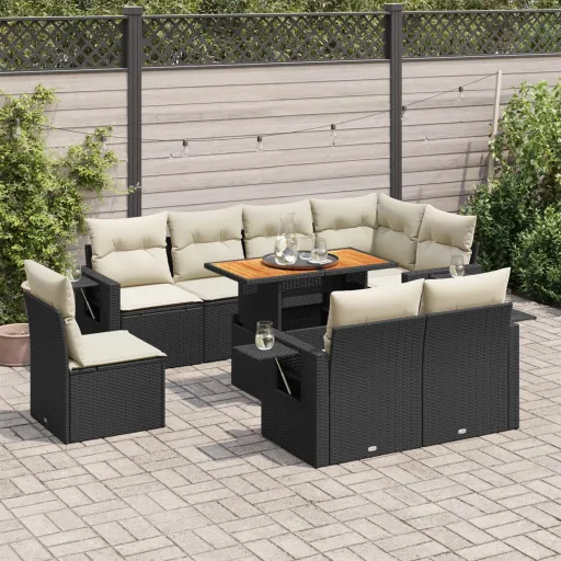 Conjunto de Sofás p/ Jardim c/ Almofadões Vime PE Preto (9 pcs)