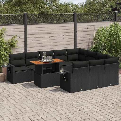 Conjunto Sofás de Jardim c/ Almofadões Vime PE Preto (11 pcs)