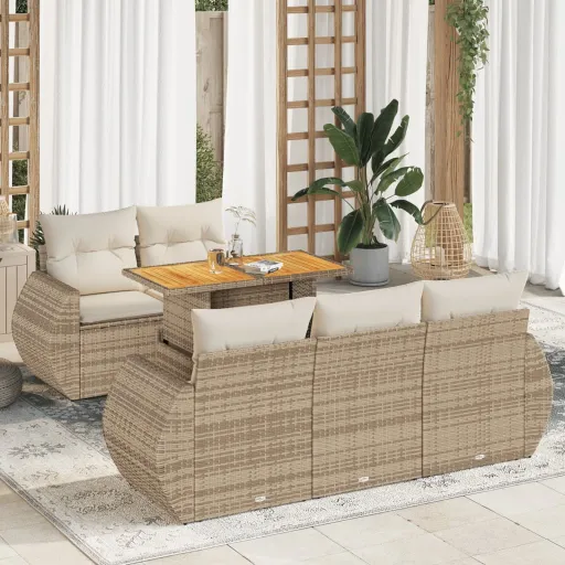 Conjunto de Sofás p/ Jardim com Almofadões Vime PE Bege (6 pcs)