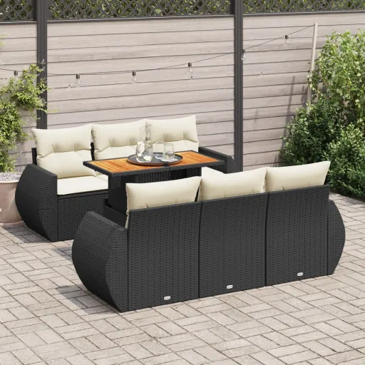 Conjunto de Sofás p/ Jardim c/ Almofadões Vime PE Preto (7 pcs)