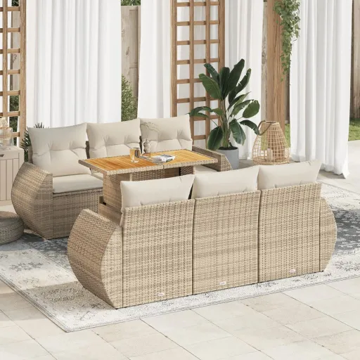 Conjunto de Sofás p/ Jardim com Almofadões Vime PE Bege (7 pcs)
