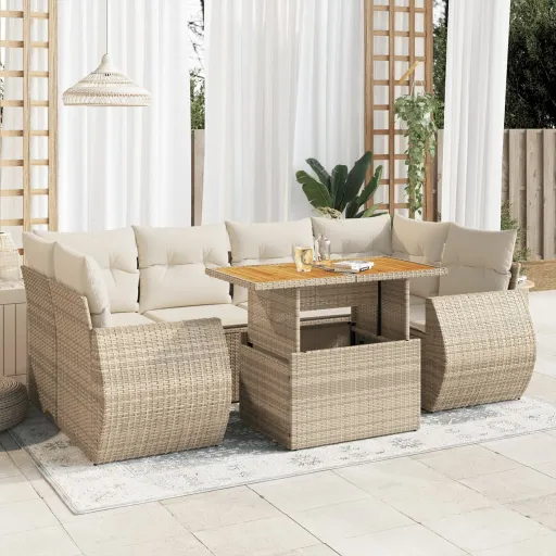 Conjunto de Sofás p/ Jardim com Almofadões Vime PE Bege (7 pcs)