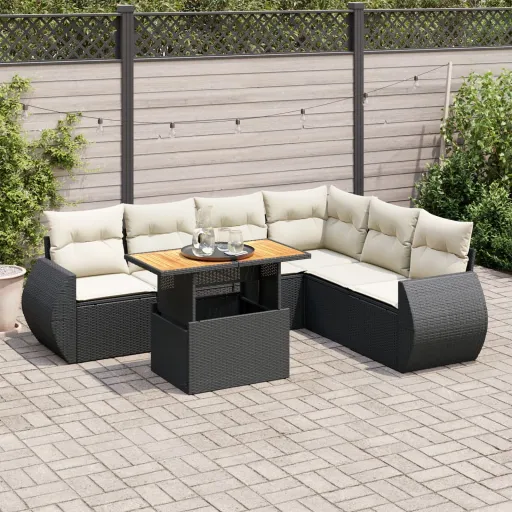 Conjunto de Sofás p/ Jardim c/ Almofadões Vime PE Preto (7 pcs)