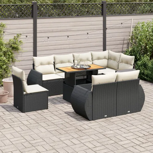Conjunto de Sofás p/ Jardim c/ Almofadões Vime PE Preto (9 pcs)