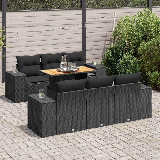 Conjunto de Sofás p/ Jardim c/ Almofadões Vime PE Preto (7 pcs)