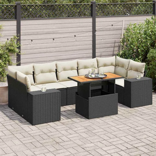 Conjunto Sofás de Jardim com Almofadões Vime PE Preto (8 pcs)