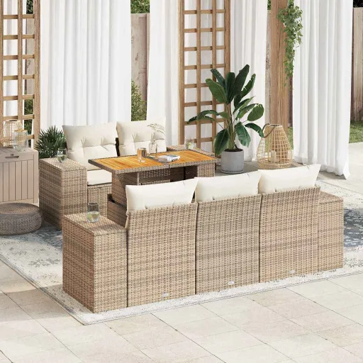 Conjunto de Sofás p/ Jardim com Almofadões Vime PE Bege (6 pcs)