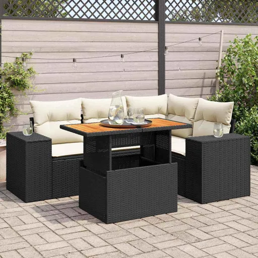 Conjunto Sofás de Jardim com Almofadões Vime PE Preto (5 pcs)