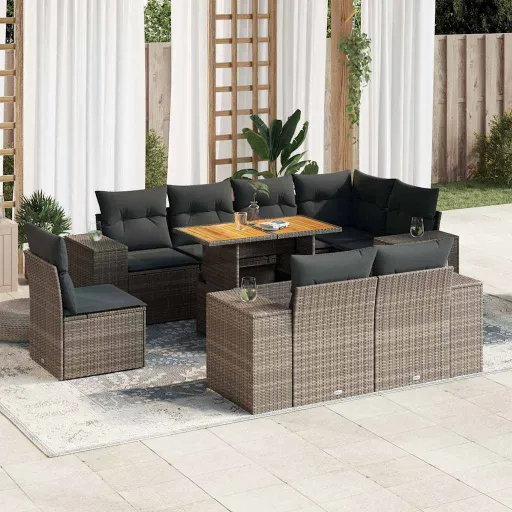 Conjunto Sofás p/ Jardim com Almofadões Vime PE Cinzento (9 pcs)
