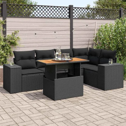 Conjunto Sofás de Jardim c/ Almofadões Vime PE Preto (6 pcs)