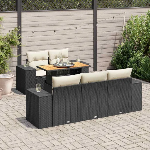 Conjunto Sofás de Jardim c/ Almofadões Vime PE Preto (6 pcs)
