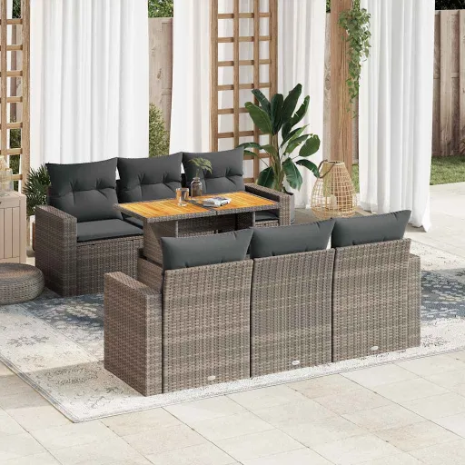 Conjunto Sofás p/ Jardim c/ Almofadões Vime PE Cinzento (7 pcs)