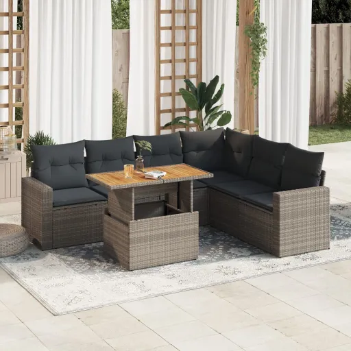 Conjunto Sofás p/ Jardim c/ Almofadões Vime PE Cinzento (7 pcs)
