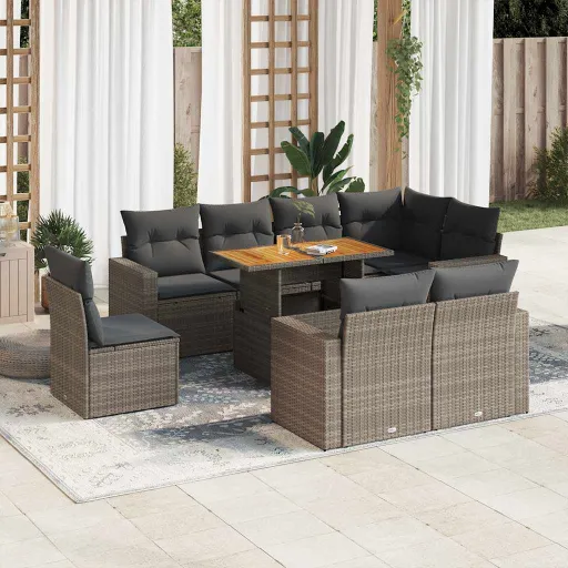 Conjunto Sofás p/ Jardim com Almofadões Vime PE Cinzento (9 pcs)