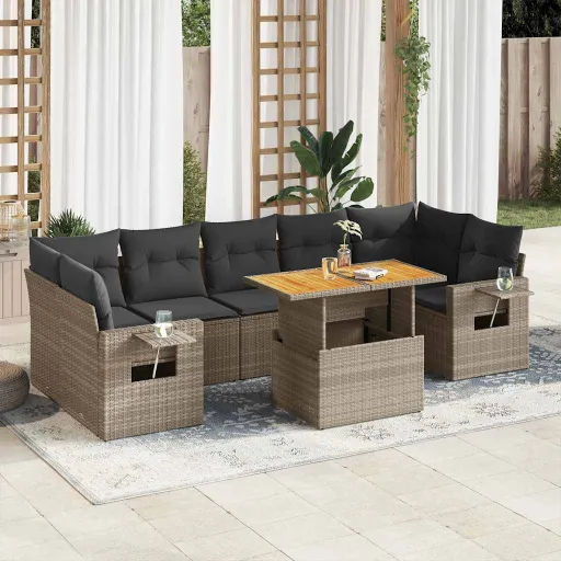 Conjunto Sofás de Jardim c/ Almofadões Vime PE Cinzento (8 pcs)