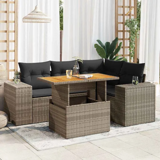 Conjunto Sofás de Jardim c/ Almofadões Vime PE Cinzento (5 pcs)