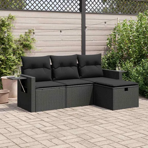 Conjunto de Sofás para Jardim c/ Almofadões Vime PE Preto (4 pcs)