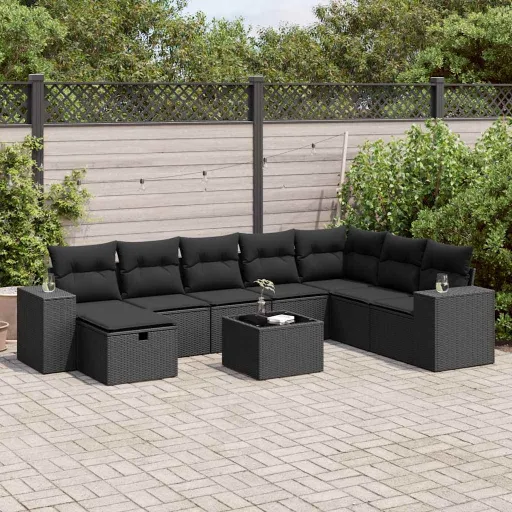 Conjunto de Sofás p/ Jardim c/ Almofadões Vime PE Preto (9 pcs)