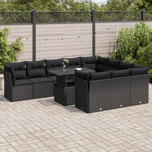 Conjunto Sofás de Jardim c/ Almofadões Vime PE Preto (11 pcs)