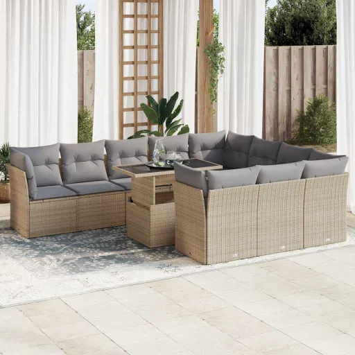 Conjunto Sofás de Jardim c/ Almofadões Vime PE Bege (11 pcs)