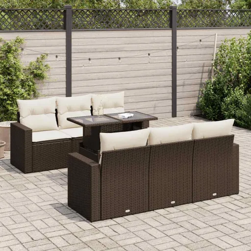 Conjunto de Sofás Jardim c/ Almofadões Vime PE Castanho (7 pcs)
