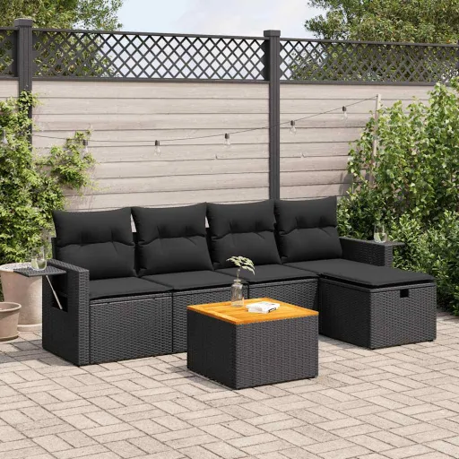 Conjunto Sofás de Jardim c/ Almofadões Vime PE Preto (6 pcs)