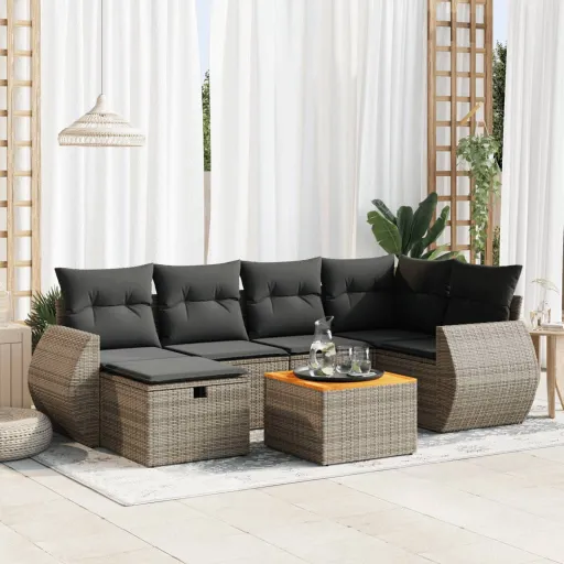 Conjunto Sofás p/ Jardim c/ Almofadões Vime PE Cinzento (7 pcs)