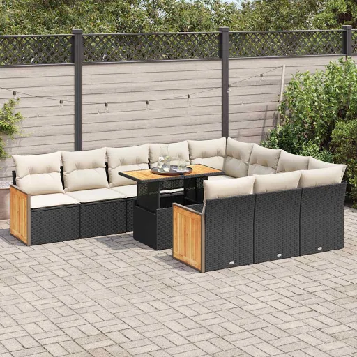 Conjunto Sofás Jardim c/ Almofadões Vime PE/Acácia Preto (11 pcs)