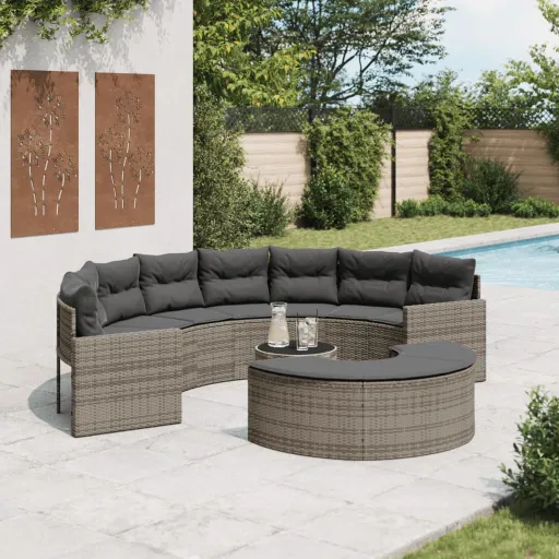 Conjunto de Sofás de Jardim Semicircular Vime PE Cinzento (3 pcs)