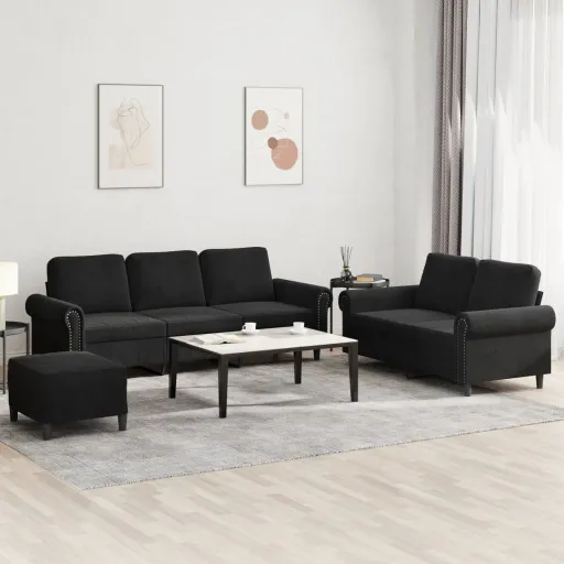 Conjunto de Sofás com Almofadões Veludo Preto (3 pcs)