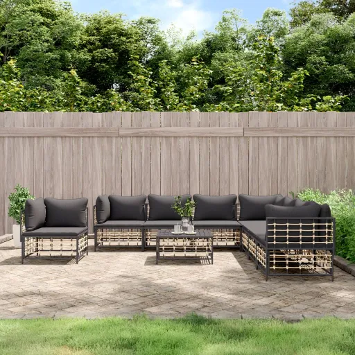 Conjunto Lounge de Jardim c/ Almofadões Vime PE Antracite (9 pcs)