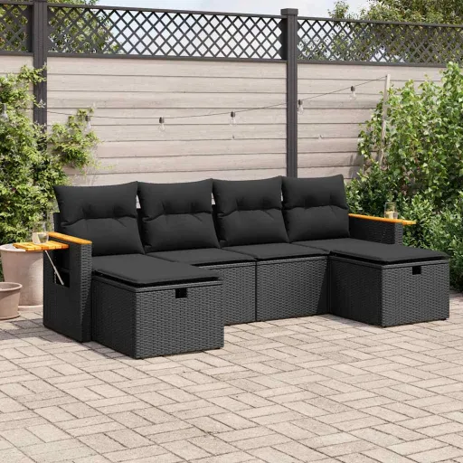 Conjunto Sofás de Jardim c/ Almofadões Vime PE Preto (6 pcs)