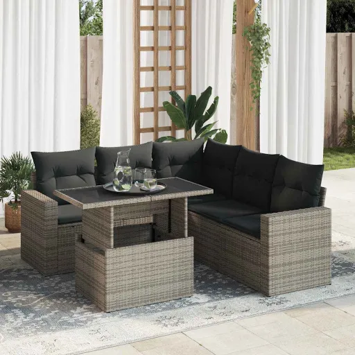 Conjunto Sofás de Jardim com Almofadões Vime Cinzento (6 pcs)