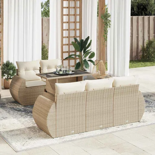Conjunto de Sofás p/ Jardim com Almofadões Vime PE Bege (6 pcs)