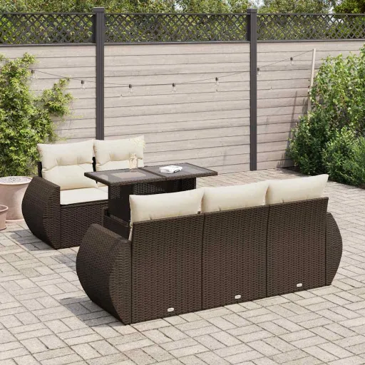 Conjunto de Sofás Jardim c/ Almofadões Vime PE Castanho (6 pcs)