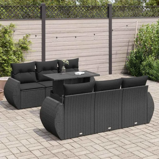 Conjunto de Sofás p/ Jardim c/ Almofadões Vime PE Preto (7 pcs)