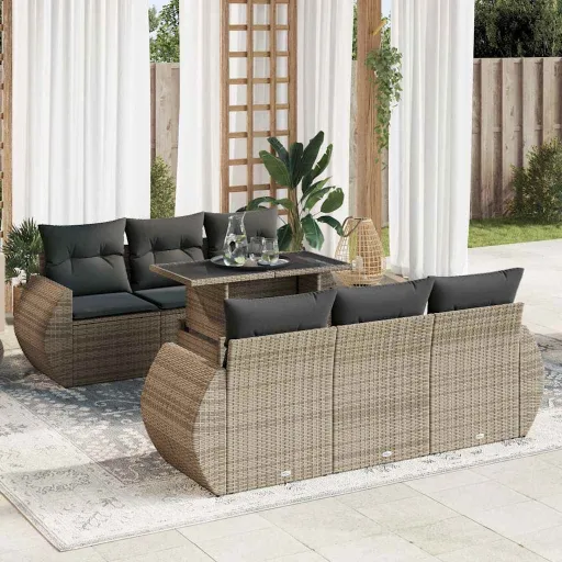 Conjunto Sofás p/ Jardim c/ Almofadões Vime PE Cinzento (7 pcs)