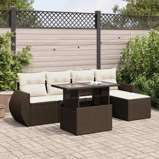 Conjunto de Sofás Jardim c/ Almofadões Vime PE Castanho (6 pcs)