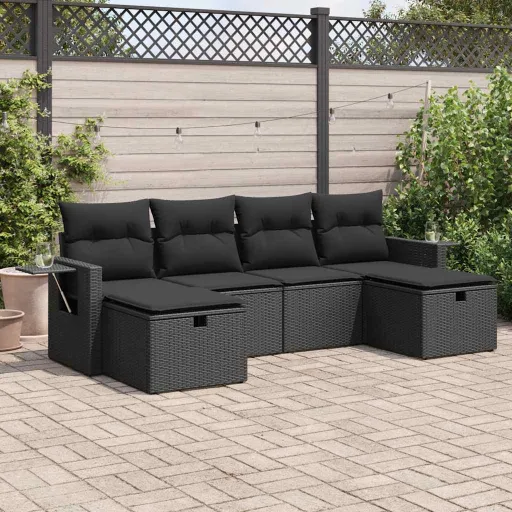 Conjunto Sofás de Jardim c/ Almofadões Vime PE Preto (6 pcs)