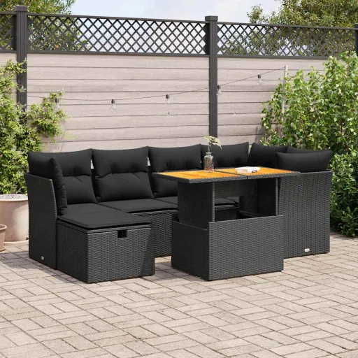 Conjunto Sofás Jardim c/ Almofadões Vime PE/Acácia Preto (7 pcs)